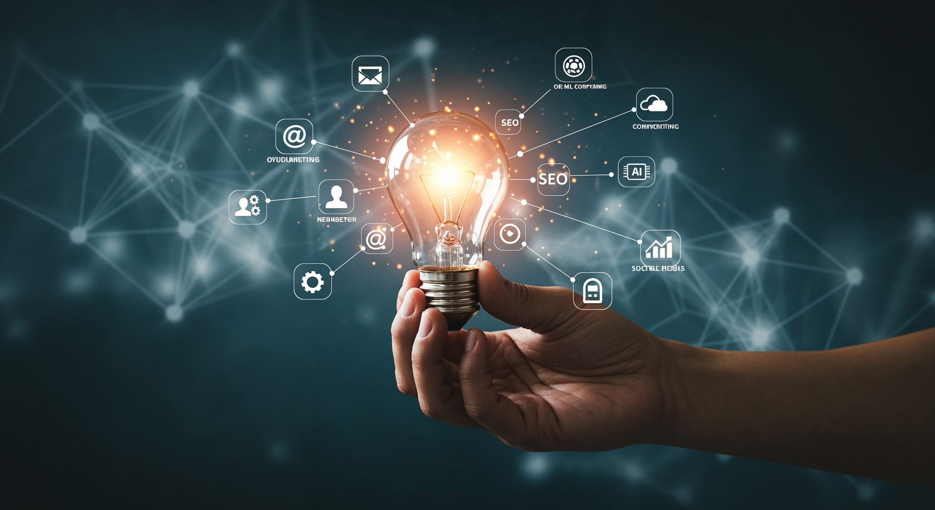 Glowing Light Bulb in Hand with Digital Marketing Icons on Blue Tech Background